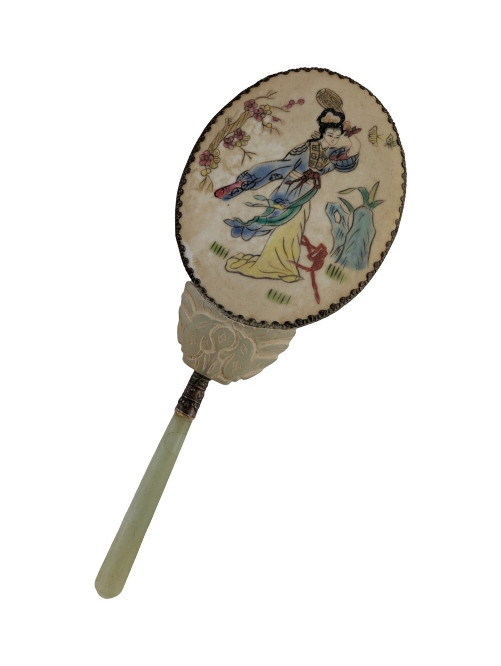 Vintage Chinese Porcelain Hand Mirror Carved Celadon Jade Handle Asian Art